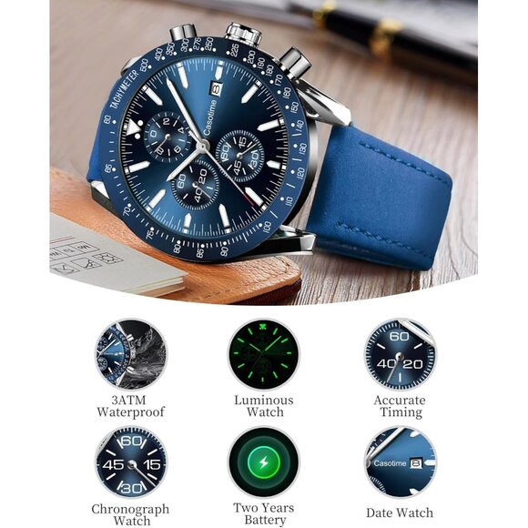 ⚡Men's Leather Watches Chronograph Analog Quartz Date Wrist Watch 30M Waterproof - Picture 4 of 7